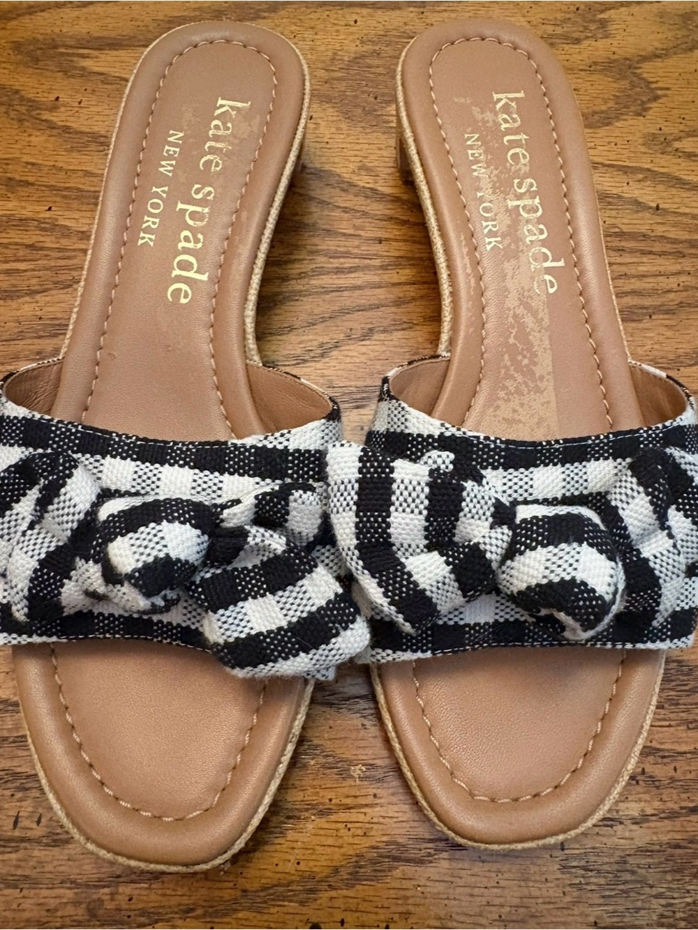 kate spade Black & White Gingham Knot Slide Sandals with Tan Footbed